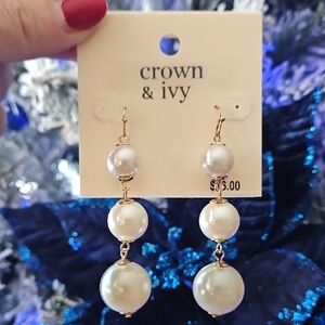 Crown & Ivy Gold and Cream Triple Pearl Earrings